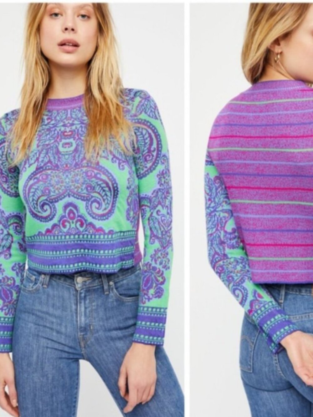 Free People New Age Printed Crew Neck Sweater S
